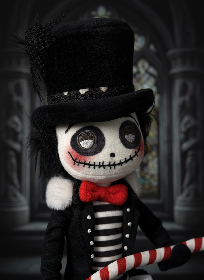 Stuffed toy with a top hat, black and white striped suit, and red bow tie against a dark background.