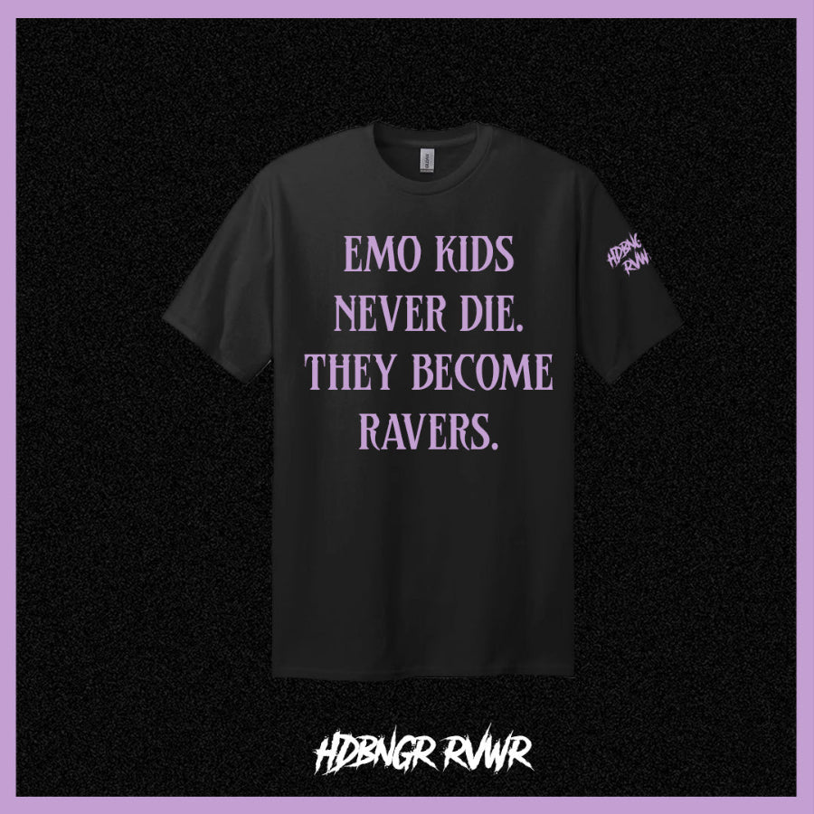 Black t-shirt with purple text on a black background