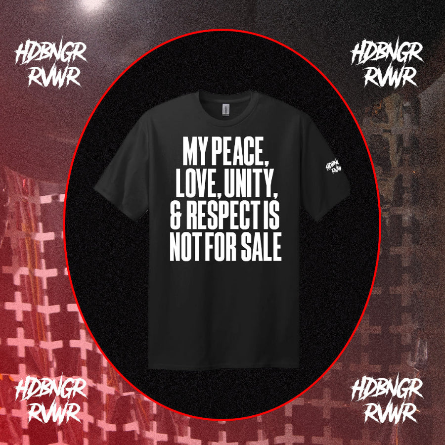 Black t-shirt with white text on a dark background with red border