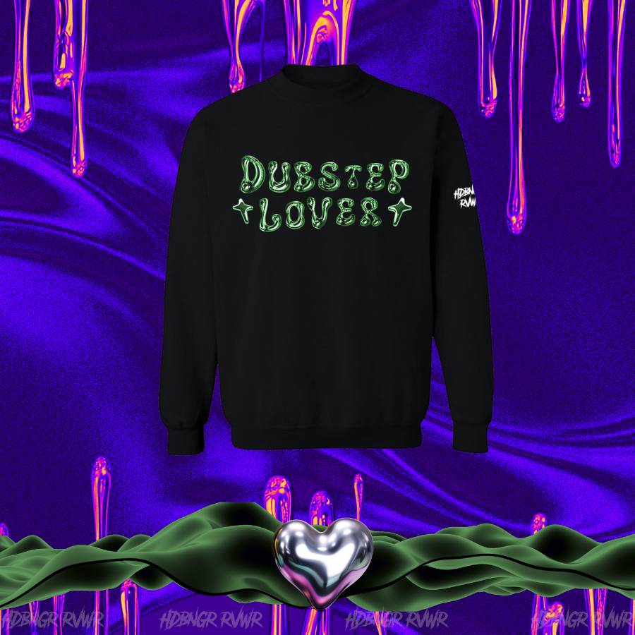 Black sweatshirt with 'Dubstep Lover' text on a vibrant purple and green background