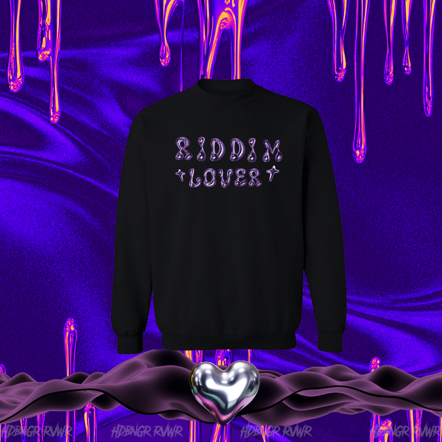 Black sweatshirt with 'RIDDIM LOVER' text on a vibrant purple background with drips.