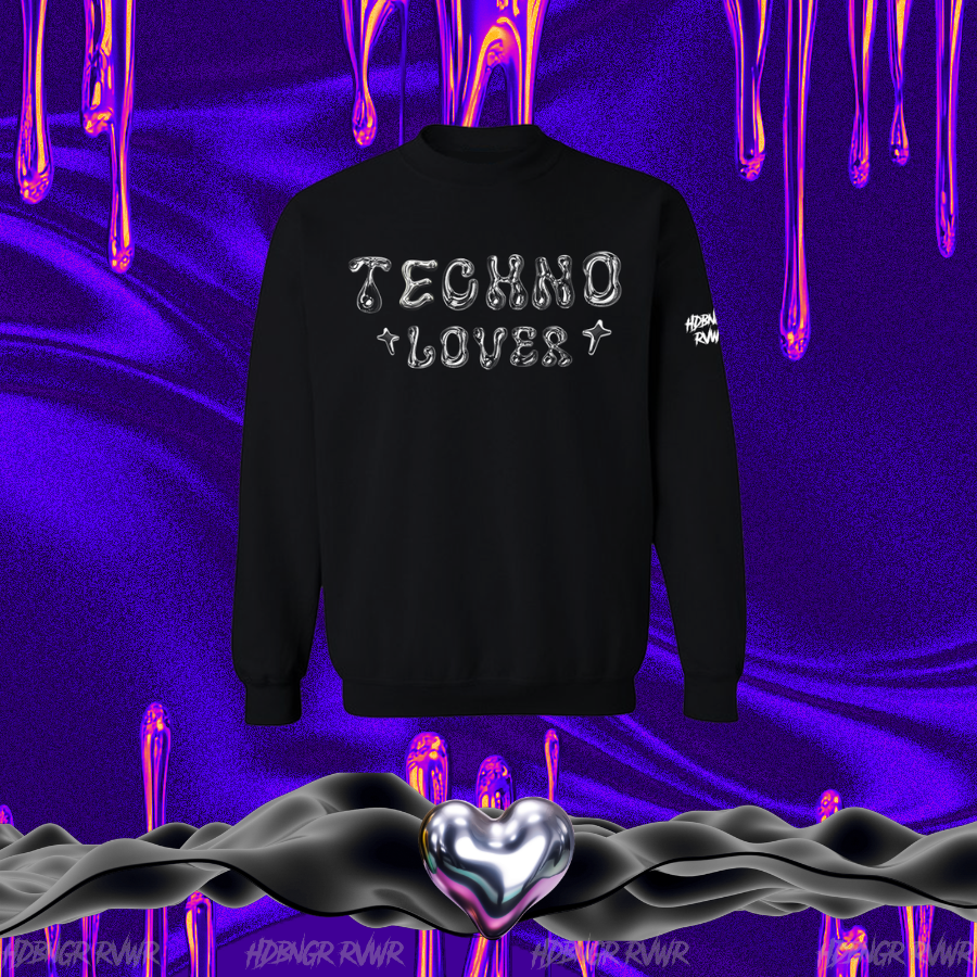 Black sweatshirt with 'TECHNO LOVER' text on a vibrant purple and pink abstract background.
