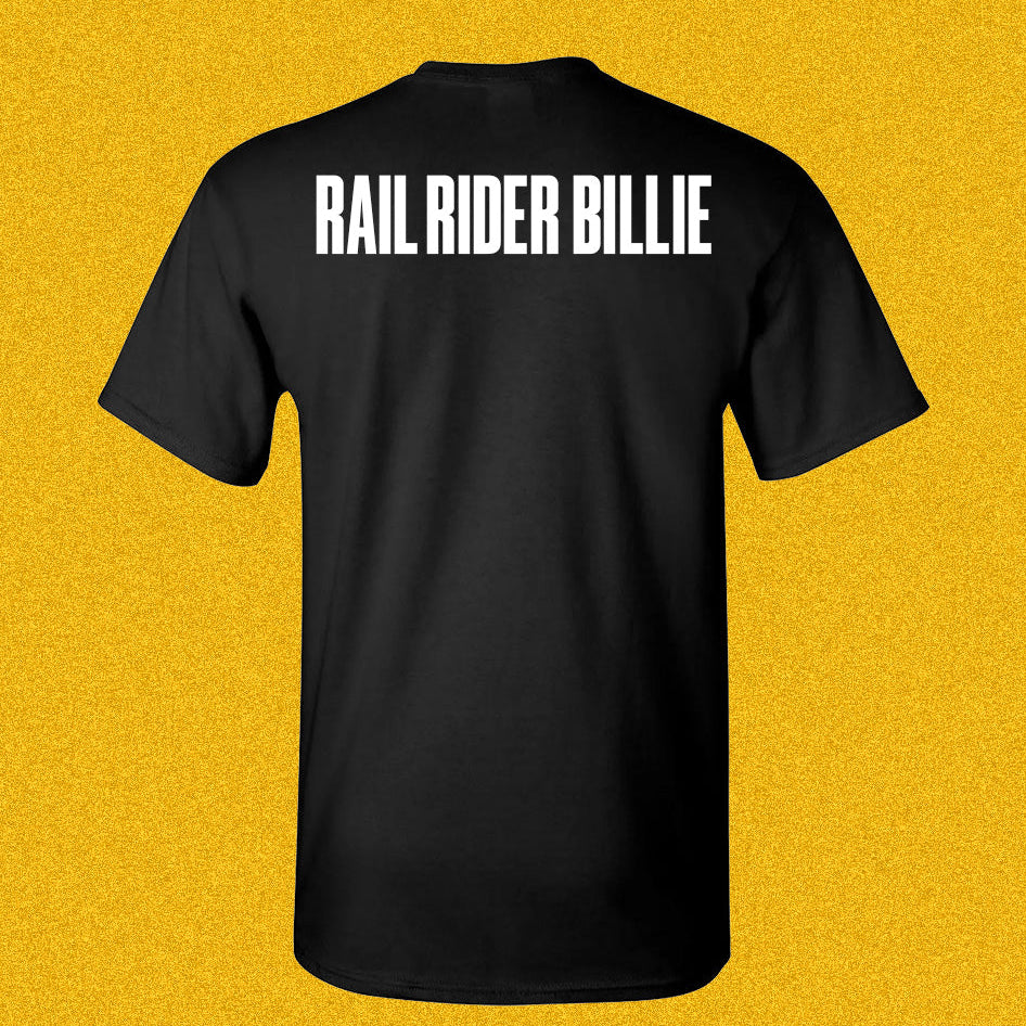 Black t-shirt with 'RAIL RIDER BILLIE' text on a yellow background