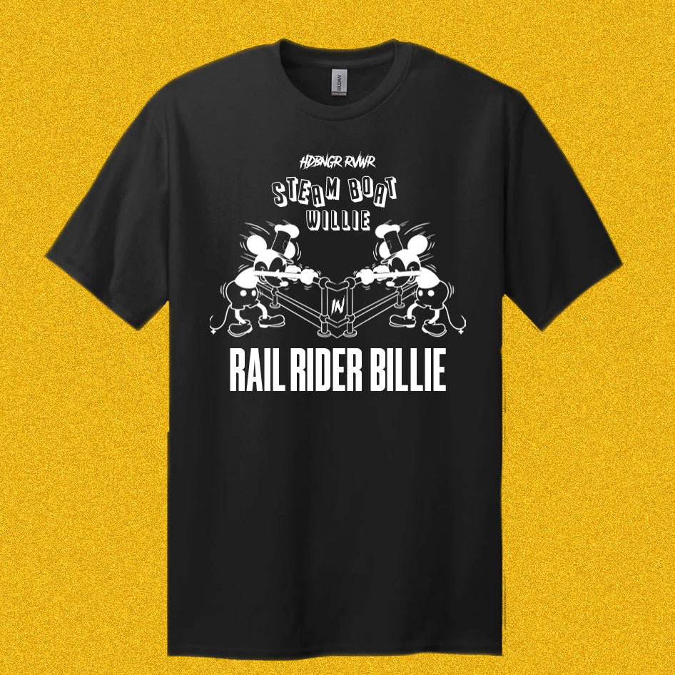 HDBNGR RVWR Graphic Tee Rail Rider on a yellow background