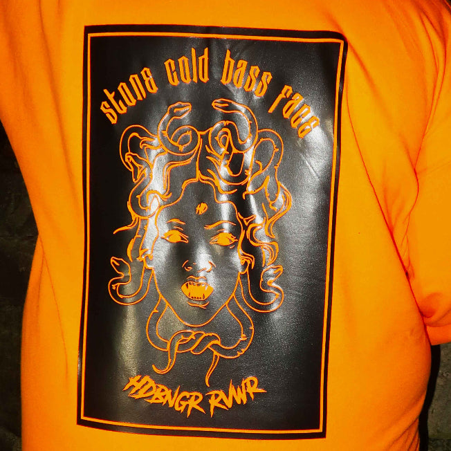 HDBNGR RVWR ORANGE STONE COLD BASS FACE SWEATER BACK VIEW