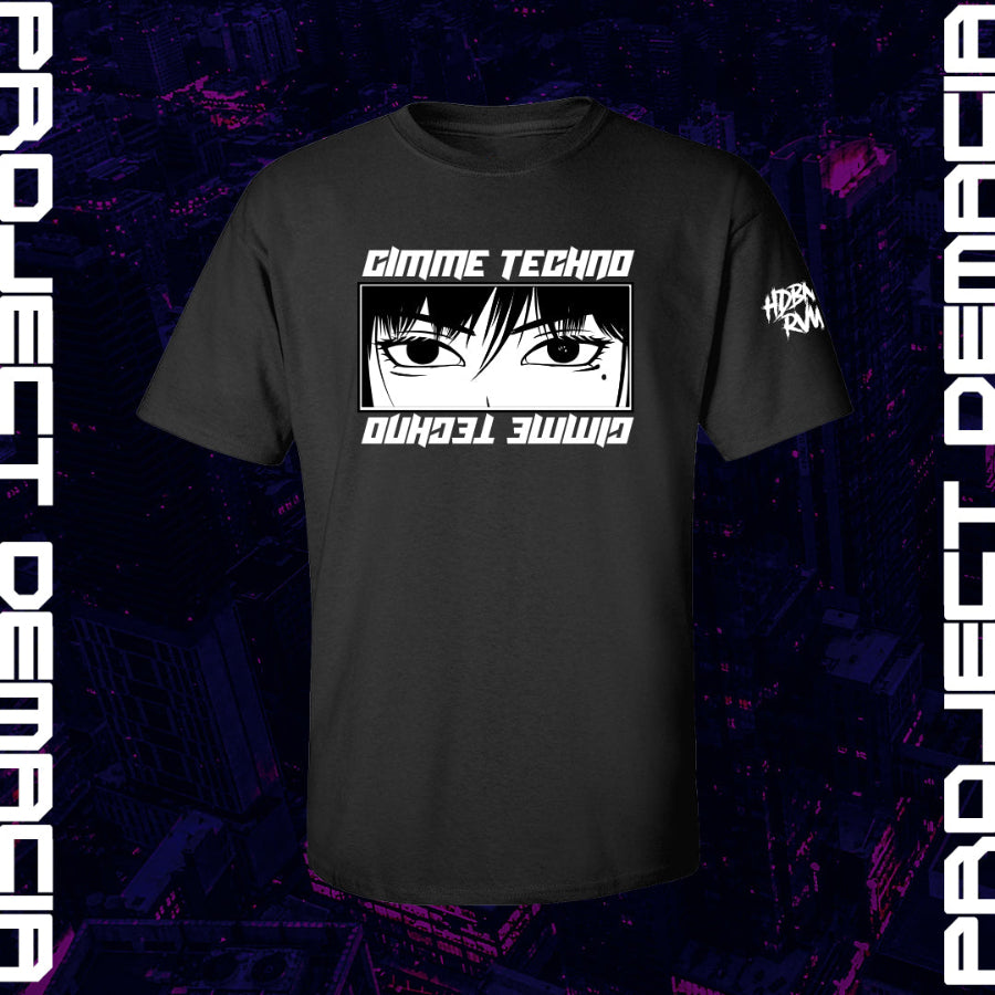 Gimme Techno graphic tee in black with anime-inspired design, HDBNGR RVWR rave shirt, inclusive sizing XS-5X