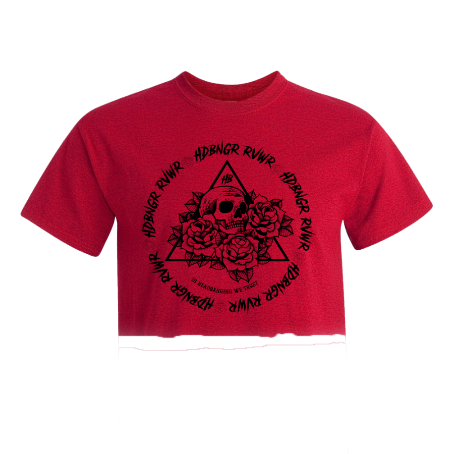 Red crop top with black graphic design on a transparent background