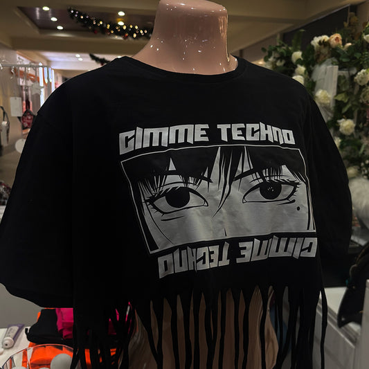 Black t-shirt with graphic design and text on a mannequin in a store setting