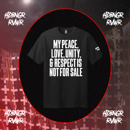 Black t-shirt with white text on a dark background with red border