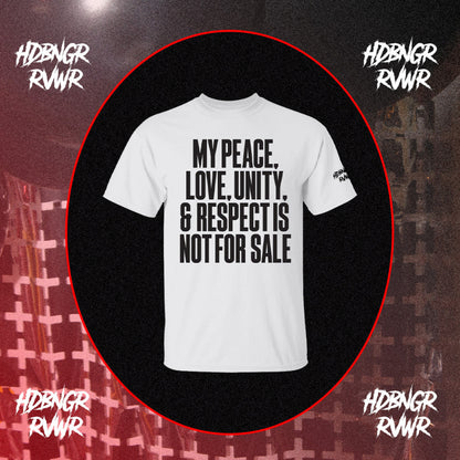 White t-shirt with black text on a red and black background with 'HDBNGR RVNR' branding.