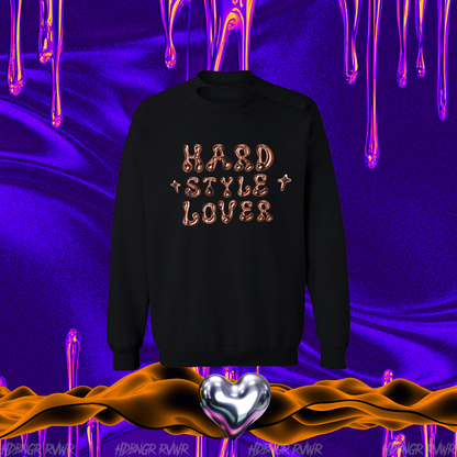 Black sweatshirt with 'Hard Style Lover' text on a vibrant, abstract background.