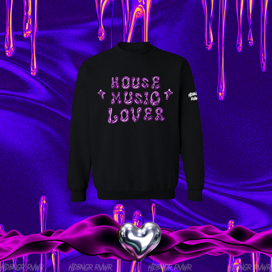Black sweatshirt with 'HOUSE MUSIC LOVER' text on a vibrant purple background with abstract designs.