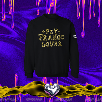 Black sweatshirt with 'PSY TRANCE LOVER' text on a vibrant purple and yellow background