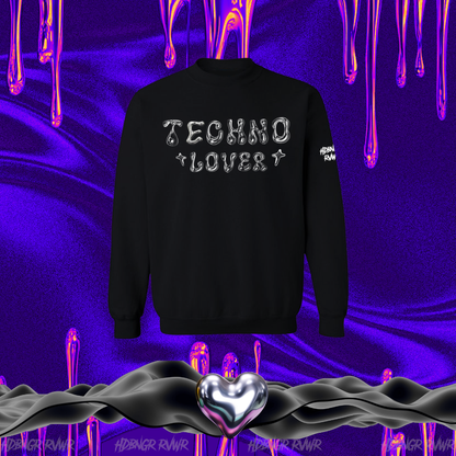 Black sweatshirt with 'TECHNO LOVER' text on a vibrant purple and pink abstract background.