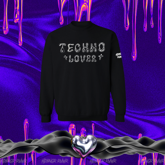 Black sweatshirt with 'TECHNO LOVER' text on a vibrant purple and pink abstract background.