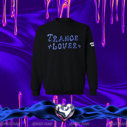 Black sweatshirt with 'TRANCE LOVER' text on a vibrant purple and blue background