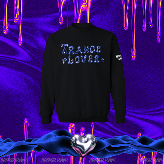 Black sweatshirt with 'TRANCE LOVER' text on a vibrant purple and blue background