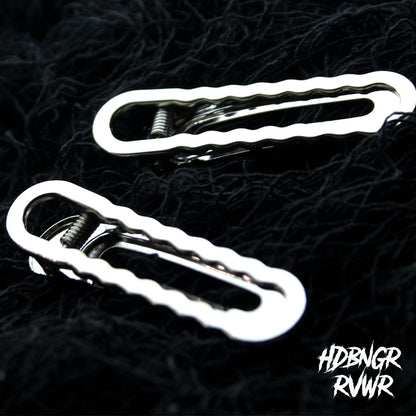 Two silver wavy-edge hair clips styled on dark background, Abyss Waves V1 2PC Set by HDBNGR RVWR.