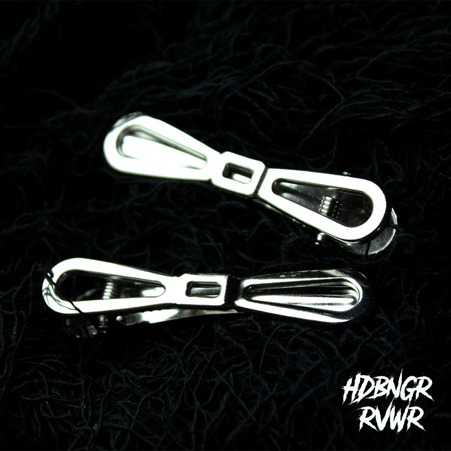 Two silver bow tie-shaped hair clips on dark textured background — Bow Tie Emo V1 2PC Set by HDBNGR RVWR.