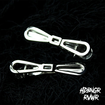 Two silver bow tie-shaped hair clips on dark textured background — Bow Tie Emo V1 2PC Set by HDBNGR RVWR.