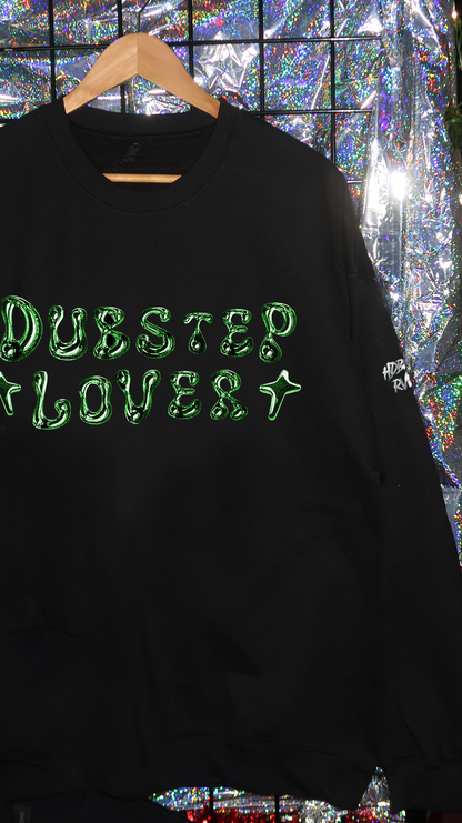 Black sweatshirt with 'Dubstep Lover' text in green on a reflective surface background