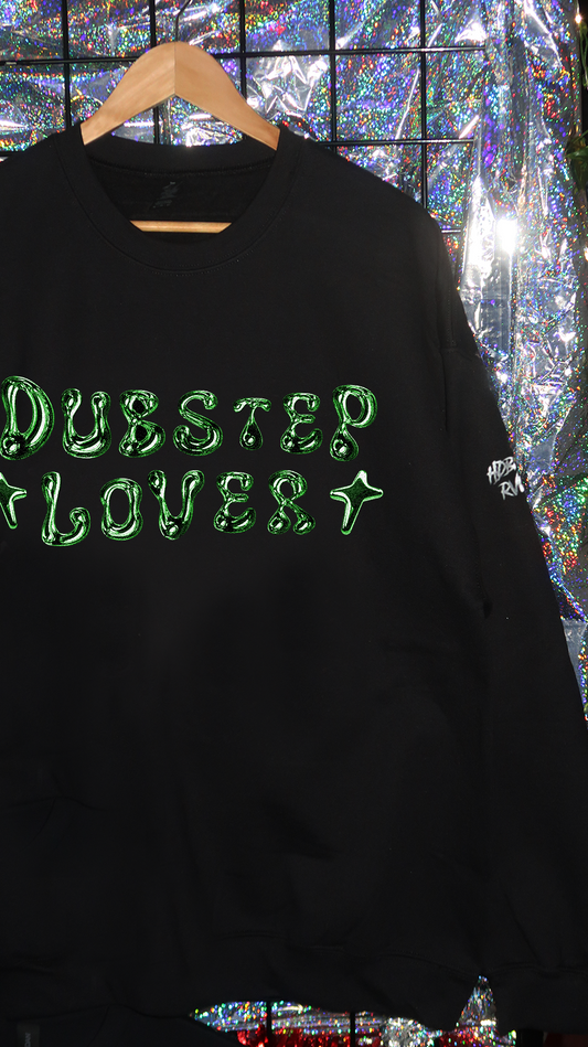Black sweatshirt with 'Dubstep Lover' text in green on a reflective surface background