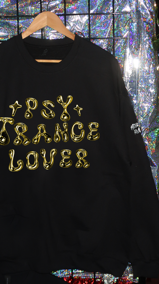 Black sweatshirt with gold text 'PSY TRANCE LOVER' on a reflective background