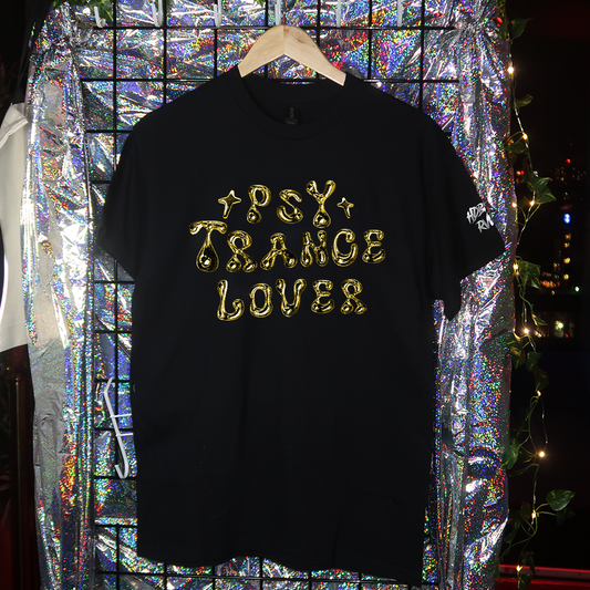 Black t-shirt with 'TECHNO LOVER' text on a hanger against a reflective, multicolored background.