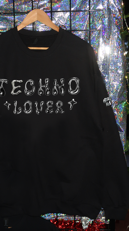 Black sweatshirt with 'TECHNO LOVER' text on a reflective background