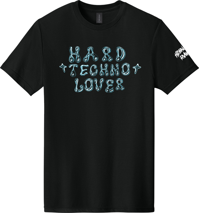 Black t-shirt with 'Hard Techno Lover' text on a white background