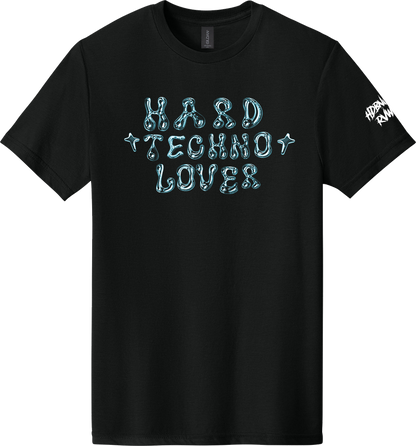 Black t-shirt with 'Hard Techno Lover' text on a white background