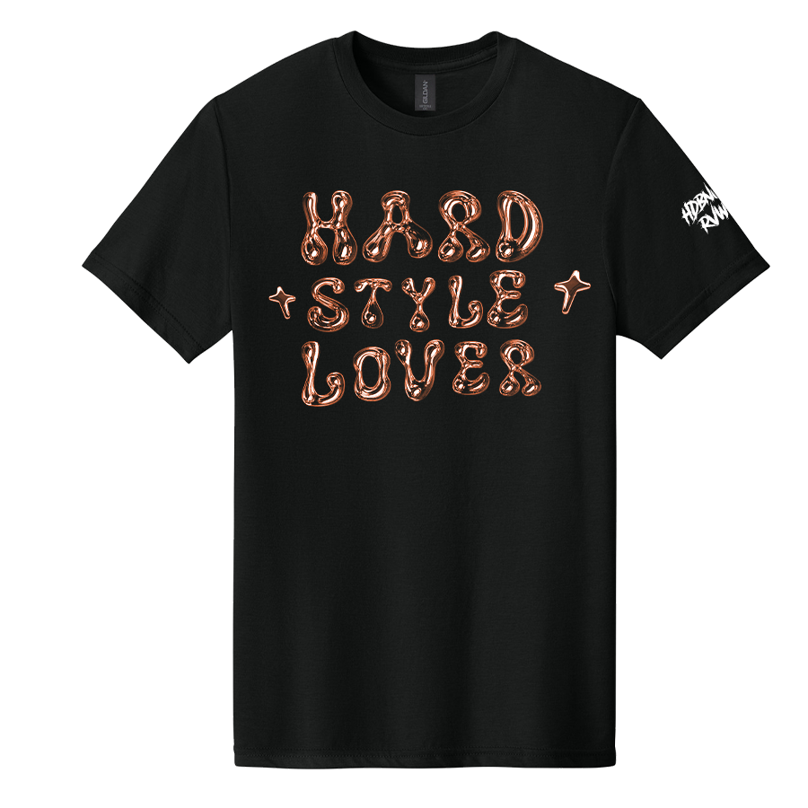 Black t-shirt with 'Hard Style Lover' text in rose gold on a white background
