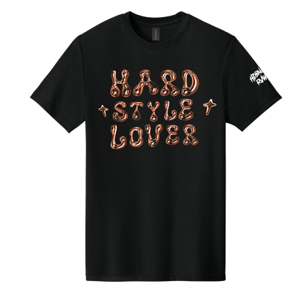 Black t-shirt with 'Hard Style Lover' text in rose gold on a white background