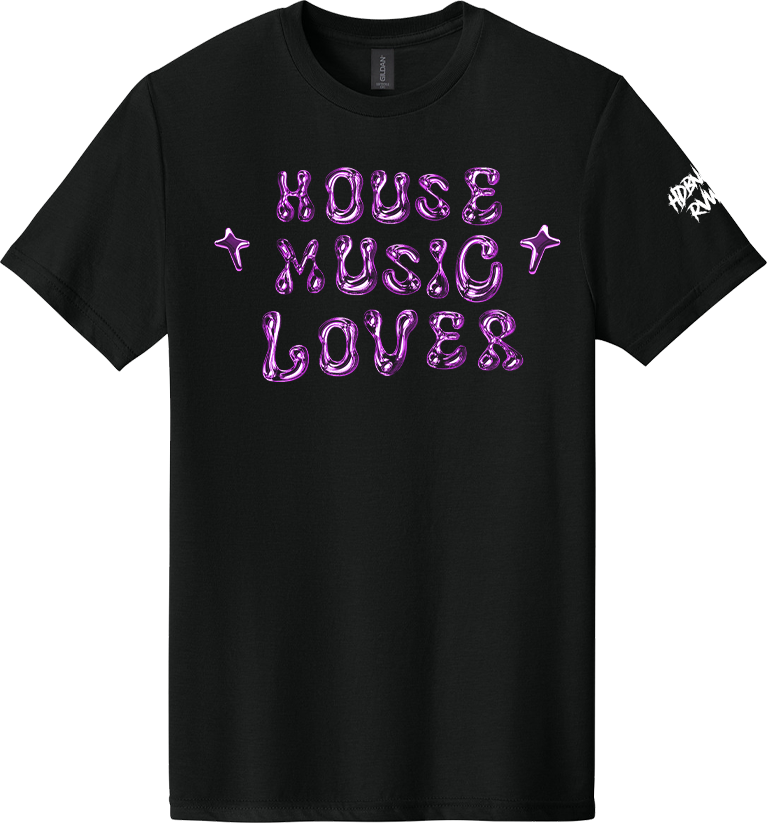 Black t-shirt with 'HOUSE MUSIC LOVER' text in purple on a white background