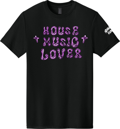 Black t-shirt with 'HOUSE MUSIC LOVER' text in purple on a white background