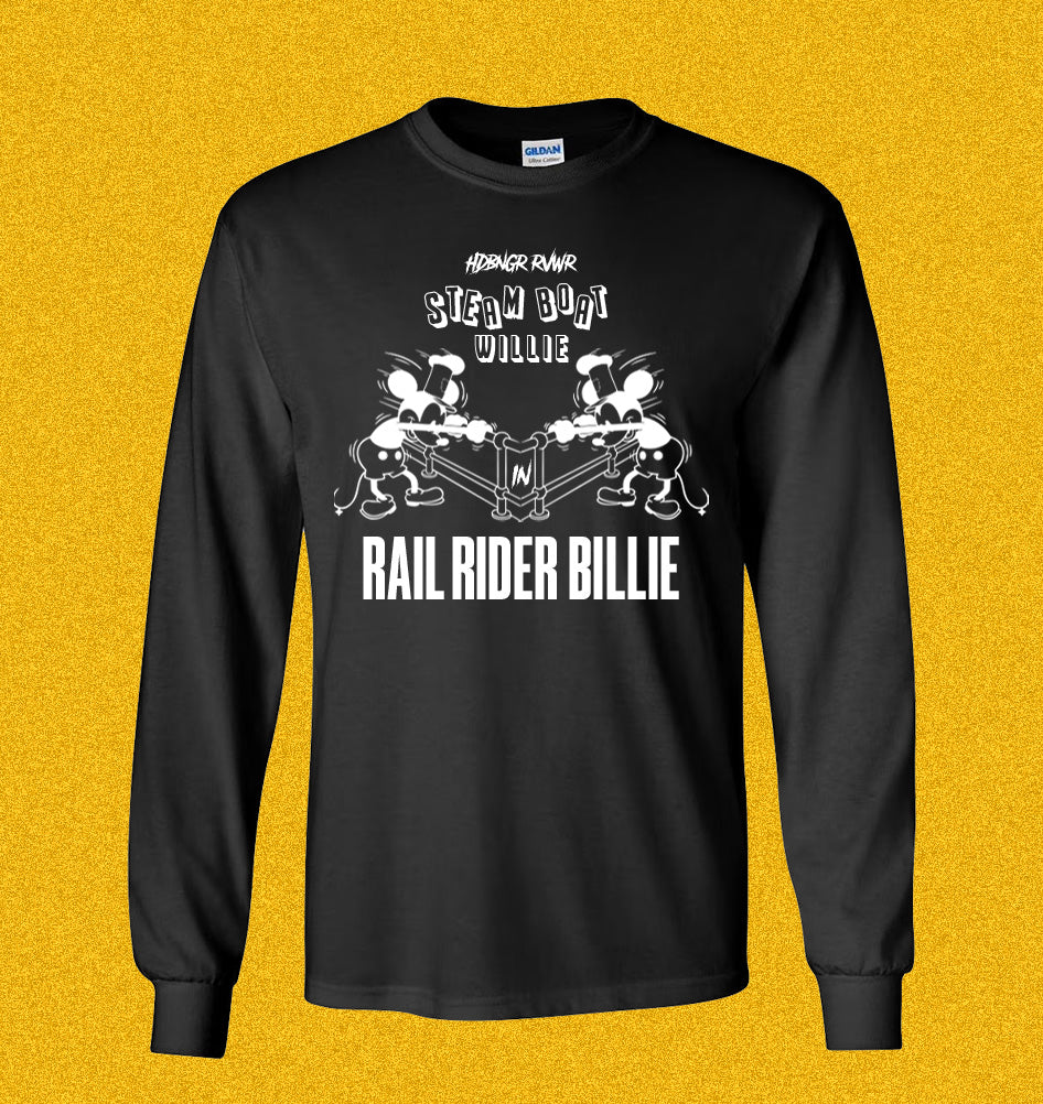 Black long-sleeve shirt with graphic design and text on a yellow background