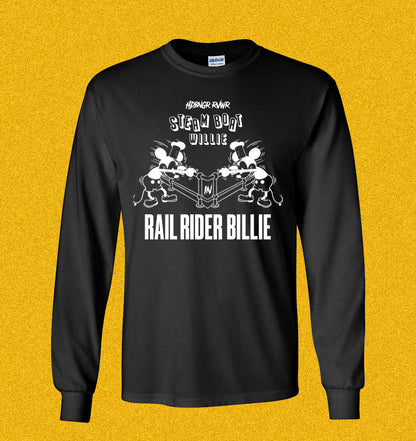 Black long-sleeve shirt with graphic design and text on a yellow background