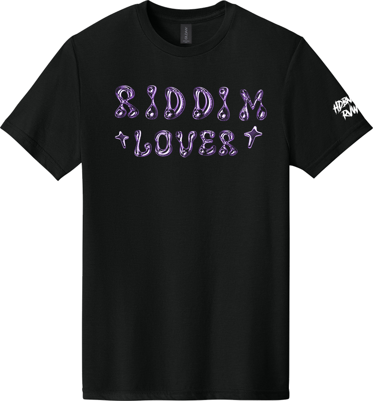 Black t-shirt with 'RIDDIM LOVER' text in purple on a white background