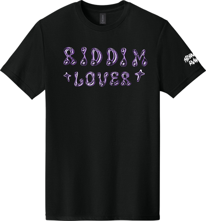 Black t-shirt with 'RIDDIM LOVER' text in purple on a white background