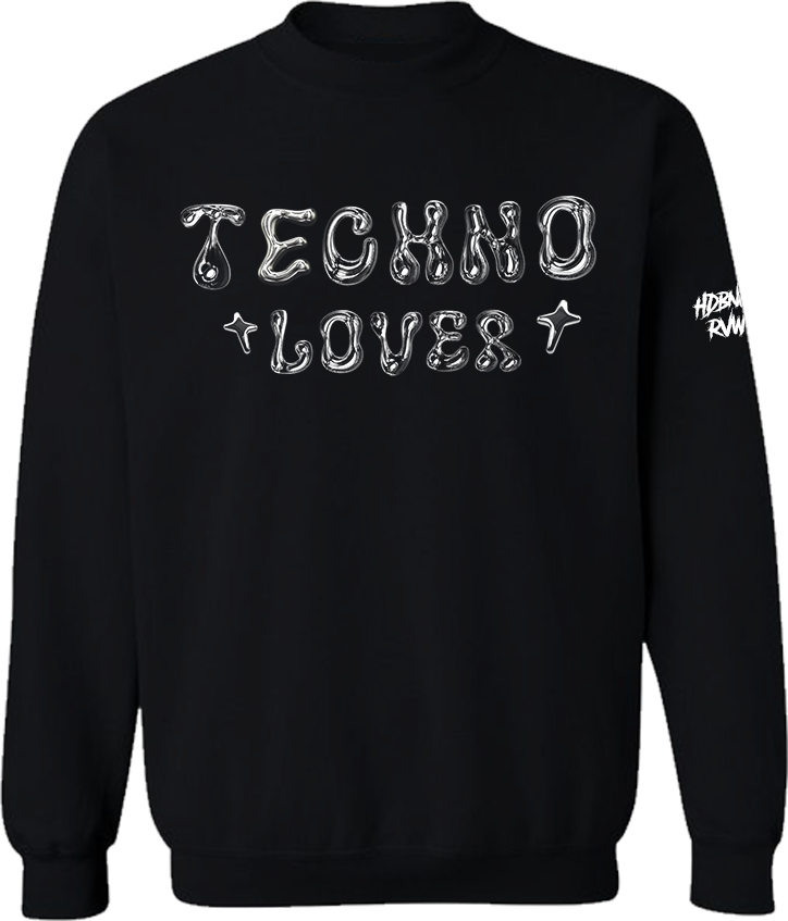 Black sweatshirt with 'TECHNO LOVER' text on a white background