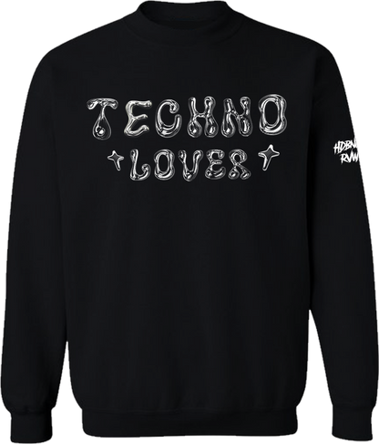 Black sweatshirt with 'TECHNO LOVER' text on a white background