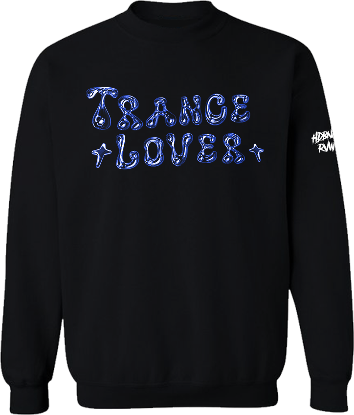Black sweatshirt with blue 'TRANCE LOVER' text on a white background