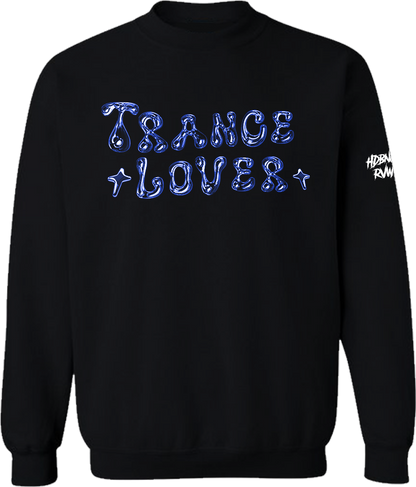 Black sweatshirt with blue 'TRANCE LOVER' text on a white background