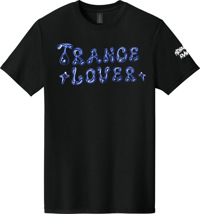 Black t-shirt with 'TRANCE LOVER' text in blue on a white background