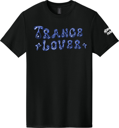 Black t-shirt with 'TRANCE LOVER' text in blue on a white background
