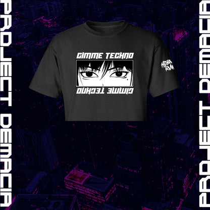 Gimme Techno tee styled as crop top with anime graphic, versatile rave shirt by HDBNGR RVWR, XS-5X sizing