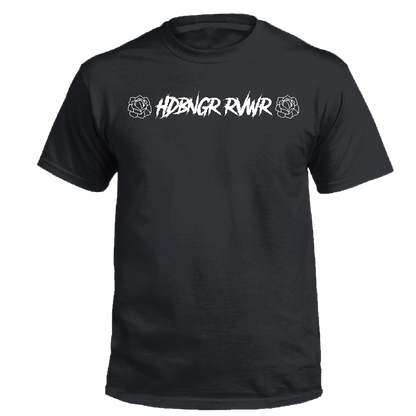 Black T-shirt on a transparent background that says HDBNGR RVWR
