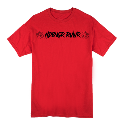Red T-shirt on a transparent background that says HDBNGR RVWR